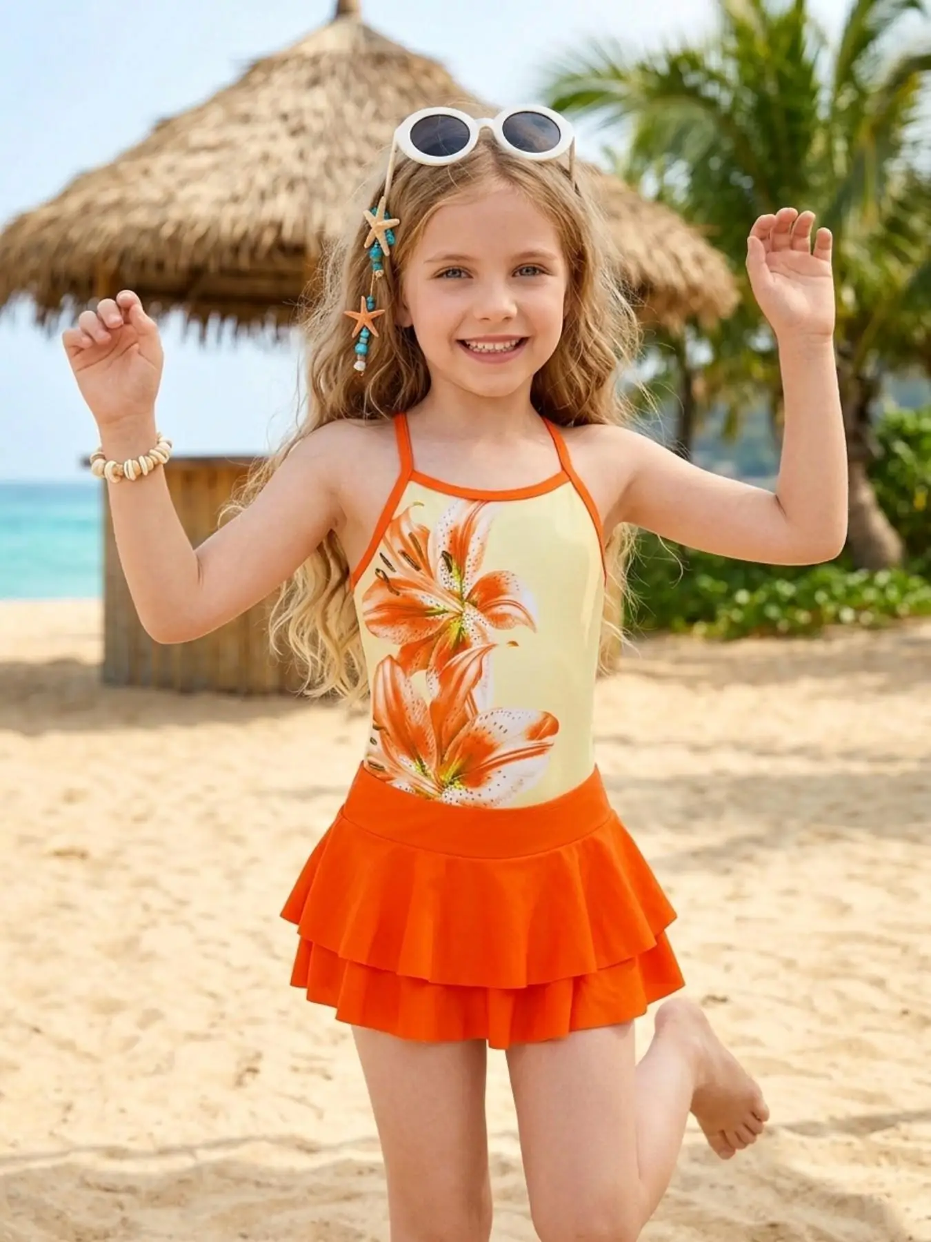 Girls' Swimwear Set: Orange Skirt + Exquisite 3D Floral Print One-Piece Swimsuit Two-Piece Set with Double-Layer Ruffle Skirt + Cross-Tie Design Swimsuit Suitable for Girls Aged 4-12 for Beach and Pool