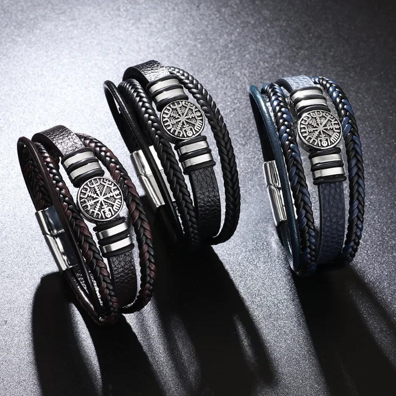Trendy Norse Viking Men Bracelet Fashion All-match Multi-layer Braided Leather Bracelets Scripture Compass Birthday Party Gifts