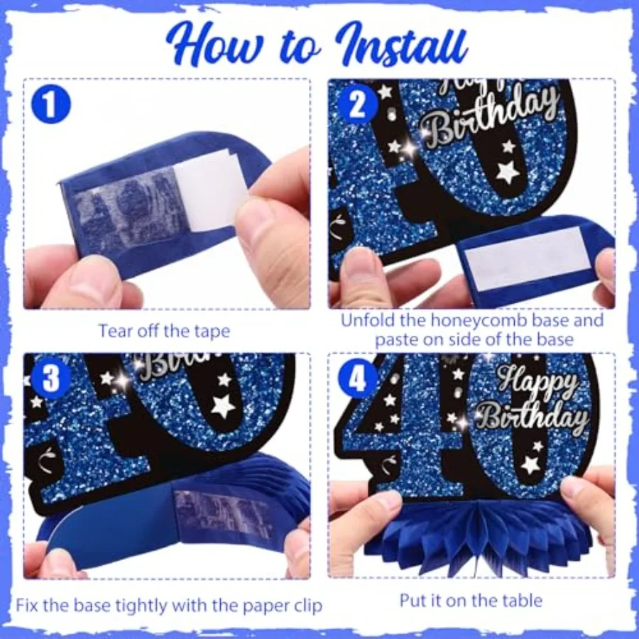 9개 블루 블랙 40번째 생일 장식 빈티지 40번째 생일 허니콤 센터피스 블루 블랙 해피 40번째 생일 테이블 장식