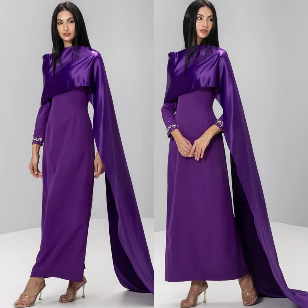 

Customized Formal Jersey Boat Neck Evening Dress Elegant Watteau Train Prom Dresses Delicate Long Sleeves Special Occasion Gowns