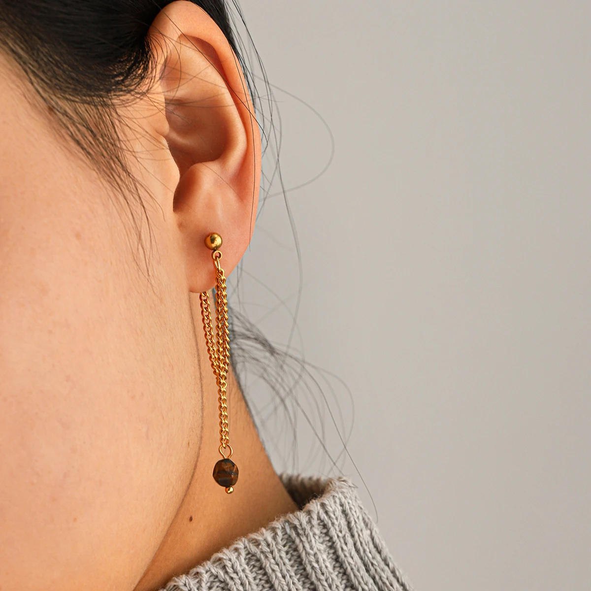 Chic Gold Tiger Eye Dangle Earrings Set 4Pcs Tassel Chain Hoop Earrings Hypoallergenic Tarnish Resistant Party Jewelry