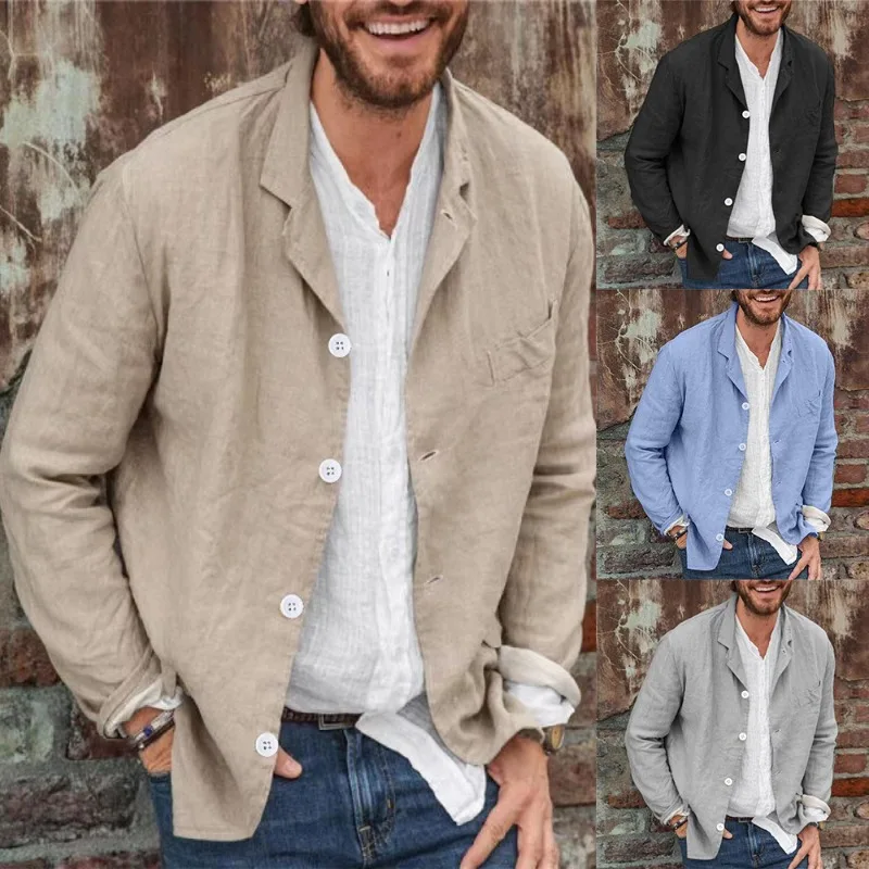 Men's Thin Casual Suit Jacket Fashion Simple Comfortable Breathable Cotton Linen Cardigan Button Coat Loose Literary Shirt