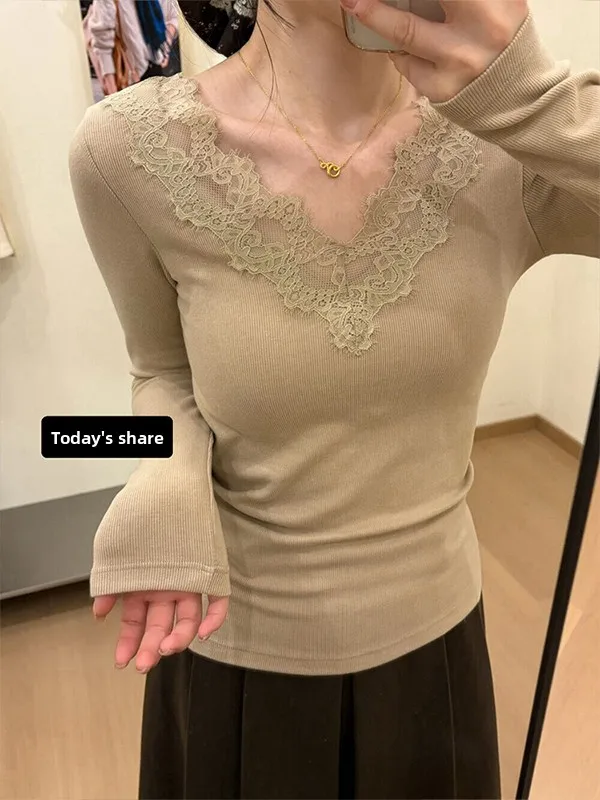 Pure Desire Spitzenbesatz Brustpolster V-Ne Long Sve Strickpullover Damen Winter Slim Fit Base Giic Gut aussehendes Top