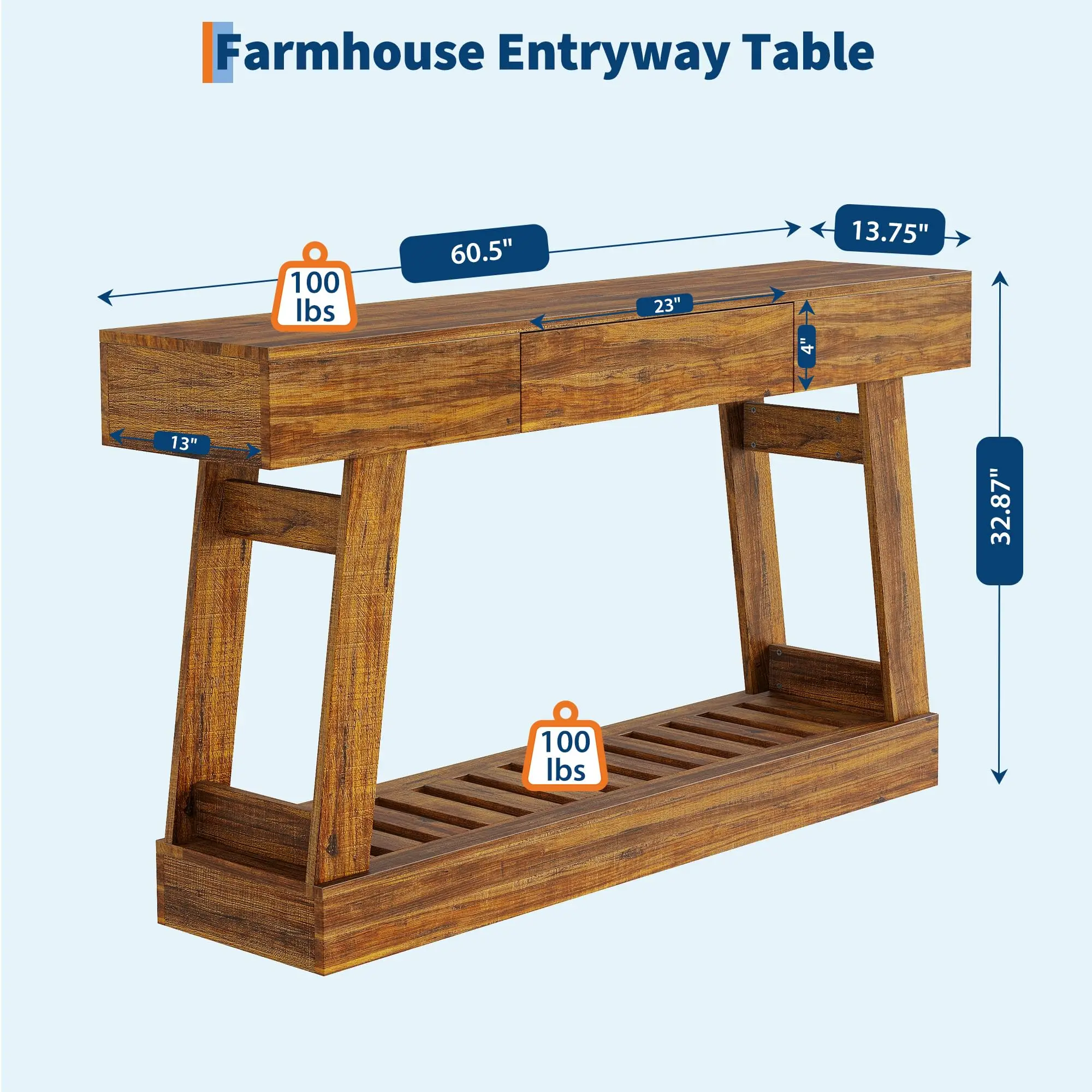 Rustic Farmhouse 60'' Console Table With Drawer And Storage Shelf, Narrow Entryway Sofa Table For Hallway, Foyer, Behind Couch