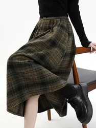 GUUZYUVIZ 2023 autunno inverno a-line a vita alta Plaid mezza gonna di lana da donna