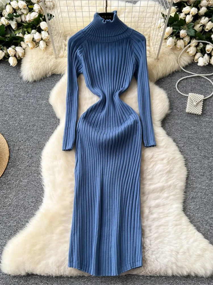 Autumn Solid Knitted Dresses for Women Elegant Turtleneck Bodycon Party Dress Female Casual Slim Party Prom Vestidos Mujer New