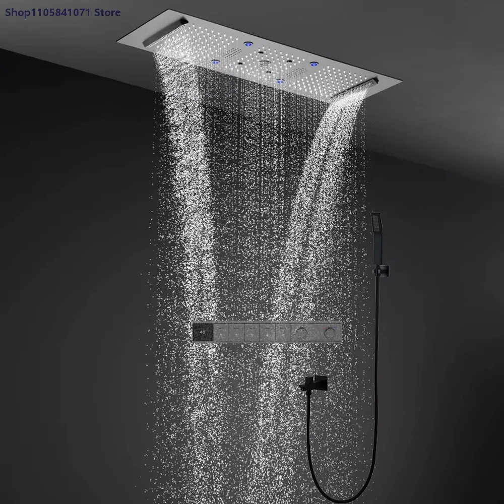Modern Ceiling LED Shower Set 900x300mm Bluetooth Music Rain Shower Waterfall Head Panel Thermostatic Mixer Faucet System