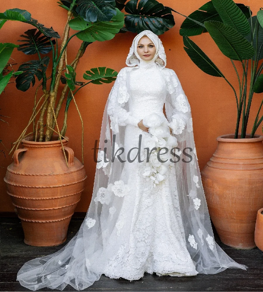 

Ethereal Full Lace Mermaid Wedding Dress 2025 With Cape Gorgeous Islamic Muslim Bride Dress Bohemian Civil Country Bridal Custom