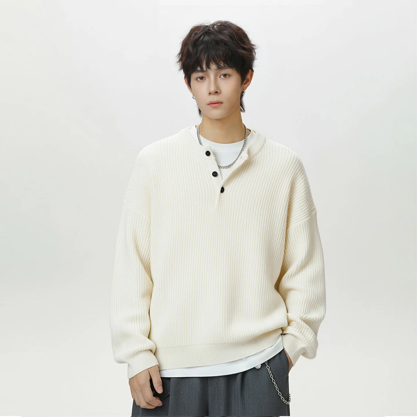 

Loose Knitted Crew Neck Long Sleeve Sweater Casual Winter Fashion Solid Color Teenage Wear Full Zipper Comfortable Fit