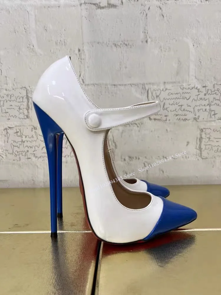 Escarpins en Cuir Blanc et Bleu pour Femme, Chaussures Fines à Talons Hauts et Pointus, à la Mode, Sexy, Cool, Grande Taille, Été