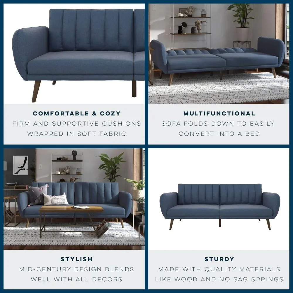 Bretagne Sofa Futon, Premium Linnen Bekleding En Houten Poten, Blauw Linnen