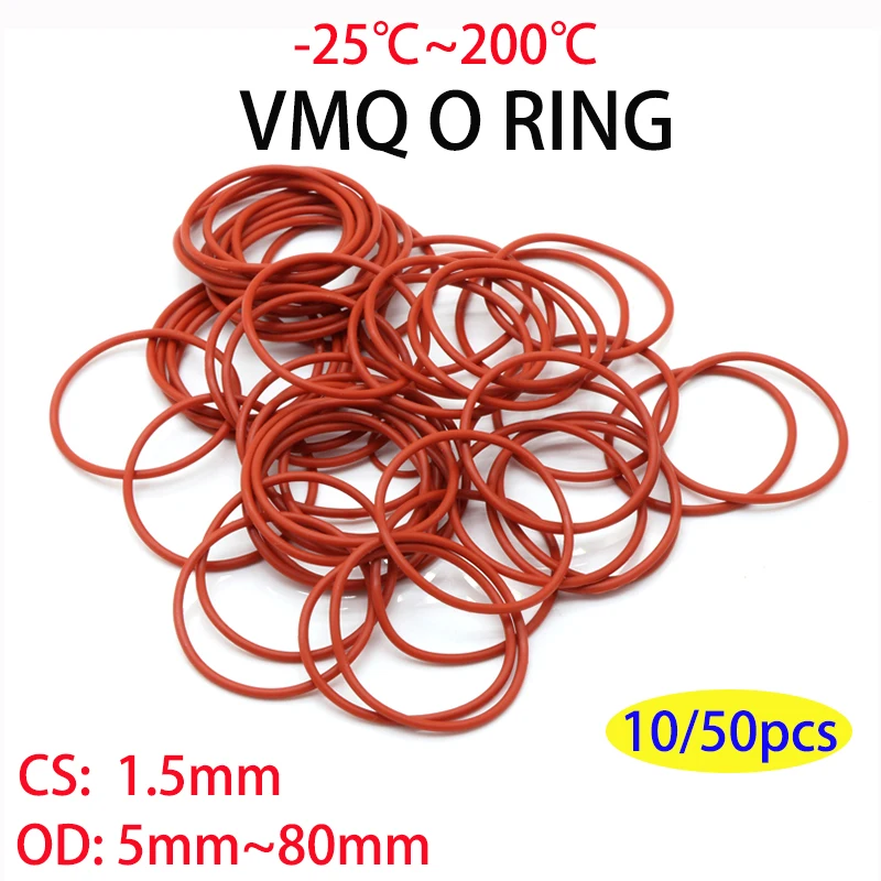 

10/50pcs VMQ O Ring Gasket CS 1.5mm OD 5 ~ 80mm Red Food Grade Waterproof Washer Round O Shape Silicone Rubber Ring