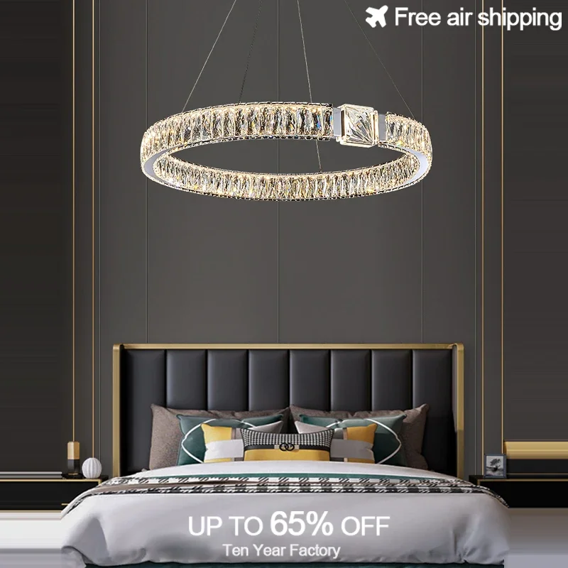 

Dimmable LED Hanging Pendant Light with Luxury Gold Ring and Crystal Block for Living Room Ceiling Decorative Indoor Lighting