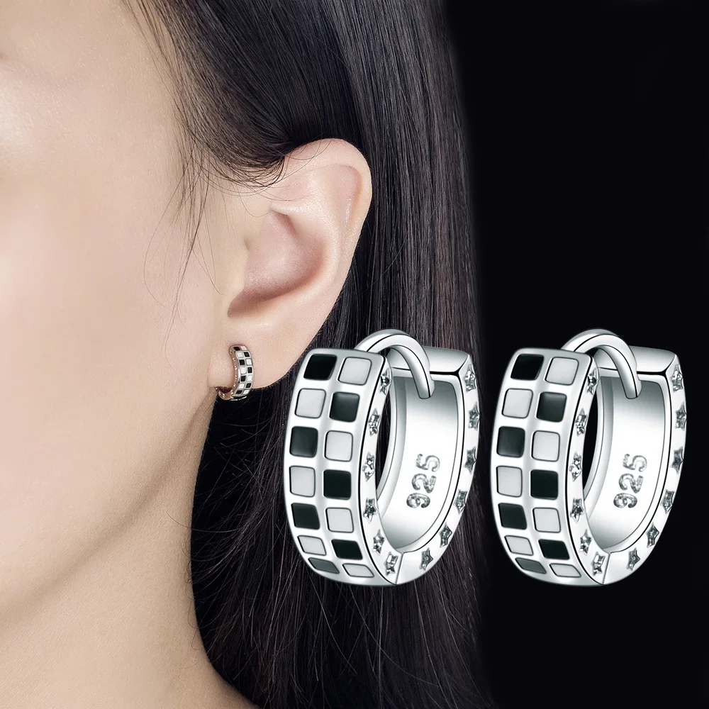 Stamp 925 Sterling Silver White Black Circle Hoop Earrings For Women Trendy Jewelry Girl Gift New