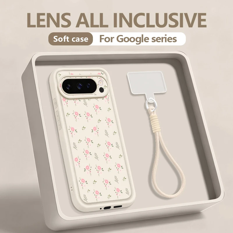 Rosa Blumenmuster Handyhülle für Google Pixel 10 9 Pro XL 10 9 8 7 Pro 9A 8A 7A Weiche Silikon-Schutzhülle mit Trageband für Pixel 10 9 Pro