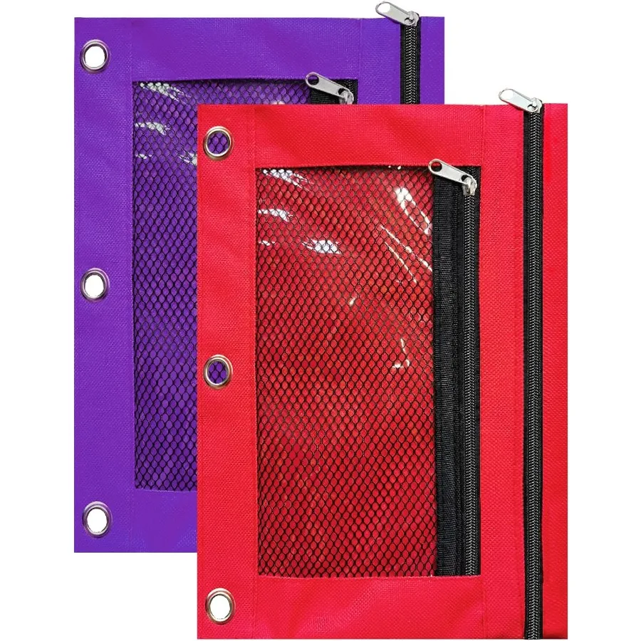 

Чехол для переплета с 3 кольцами, 2 упаковки, чехол для переплета на молнии, чехол с двойным карманом и сетчатым окном, фиолетовый, красный
