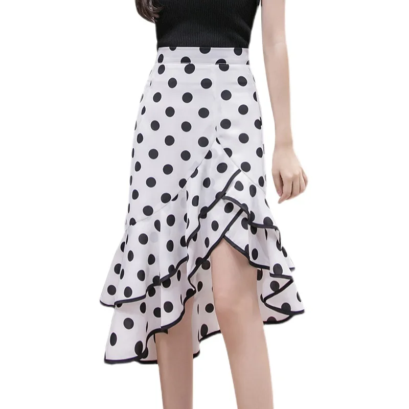 

Irregular Polka Dot Chiffon Skirt For Women's High Waist Summer New Ruffled Mid-Length Fishtail Skirt q119