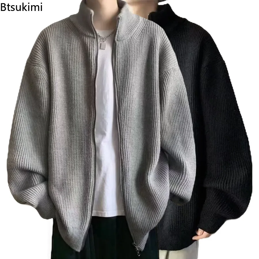 Men Y2K Knitted Cardigan Sweater Stand Up Collar Zipper Loose Knit Jacket 2026 New Autumn Winter Casual Fashion Plus Size Coat