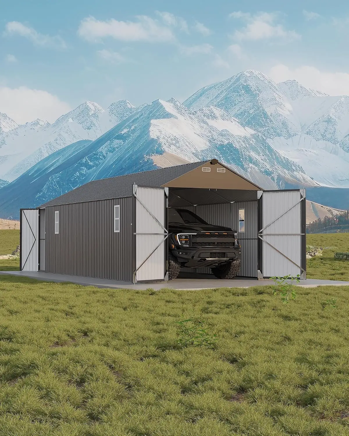 12x25 ft Metal Carport, Enclosed Car Port with Vertical Steel Roof for All-Weather Use, Metal Garage Shed with Man, Customized