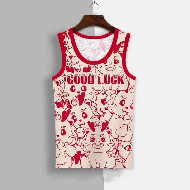 3D Printed Good Luck Tank Tops For Men Cute Deer Dragon Pattern Tees Summer Loose Sports Street Round Neck Vest Casual Tops