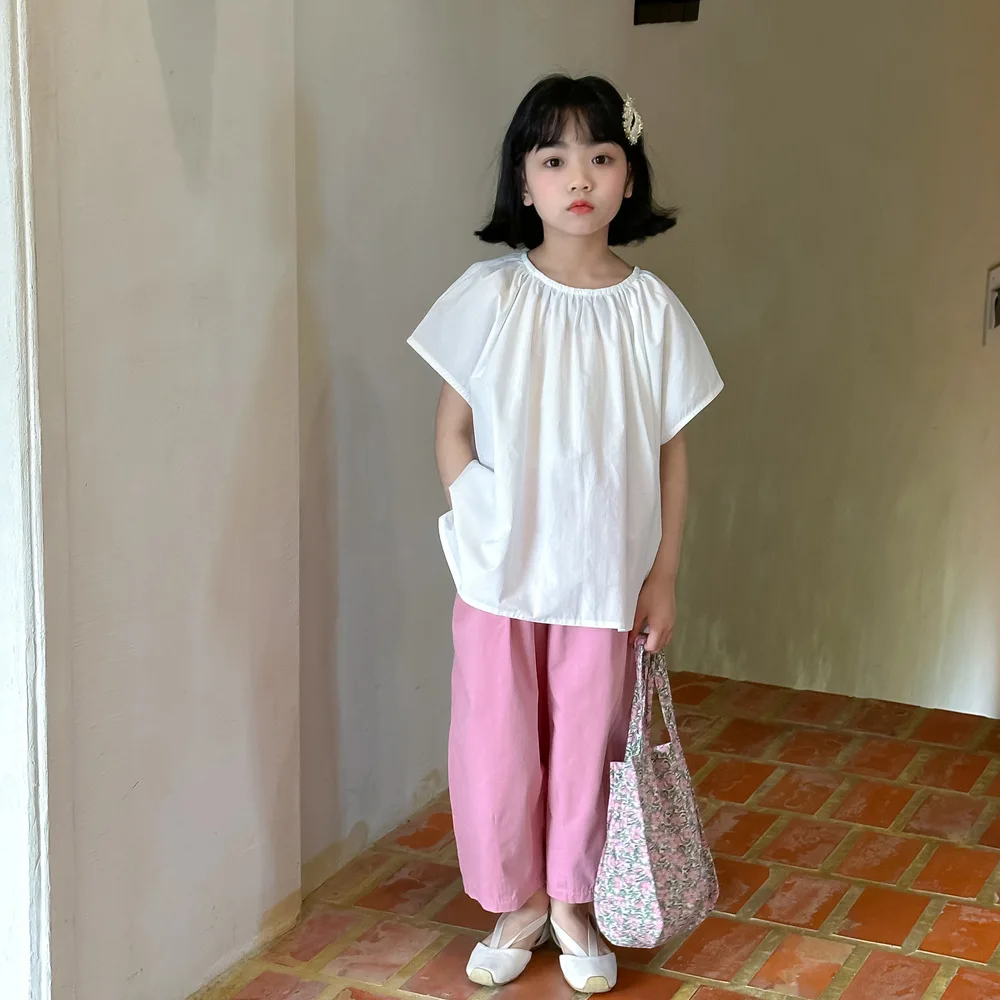 Baby Girl Top Children Shirt 2024 Summer Girls Korean Solid Color Casual Shirt Children Round Neck Loose Short-sleeved Top