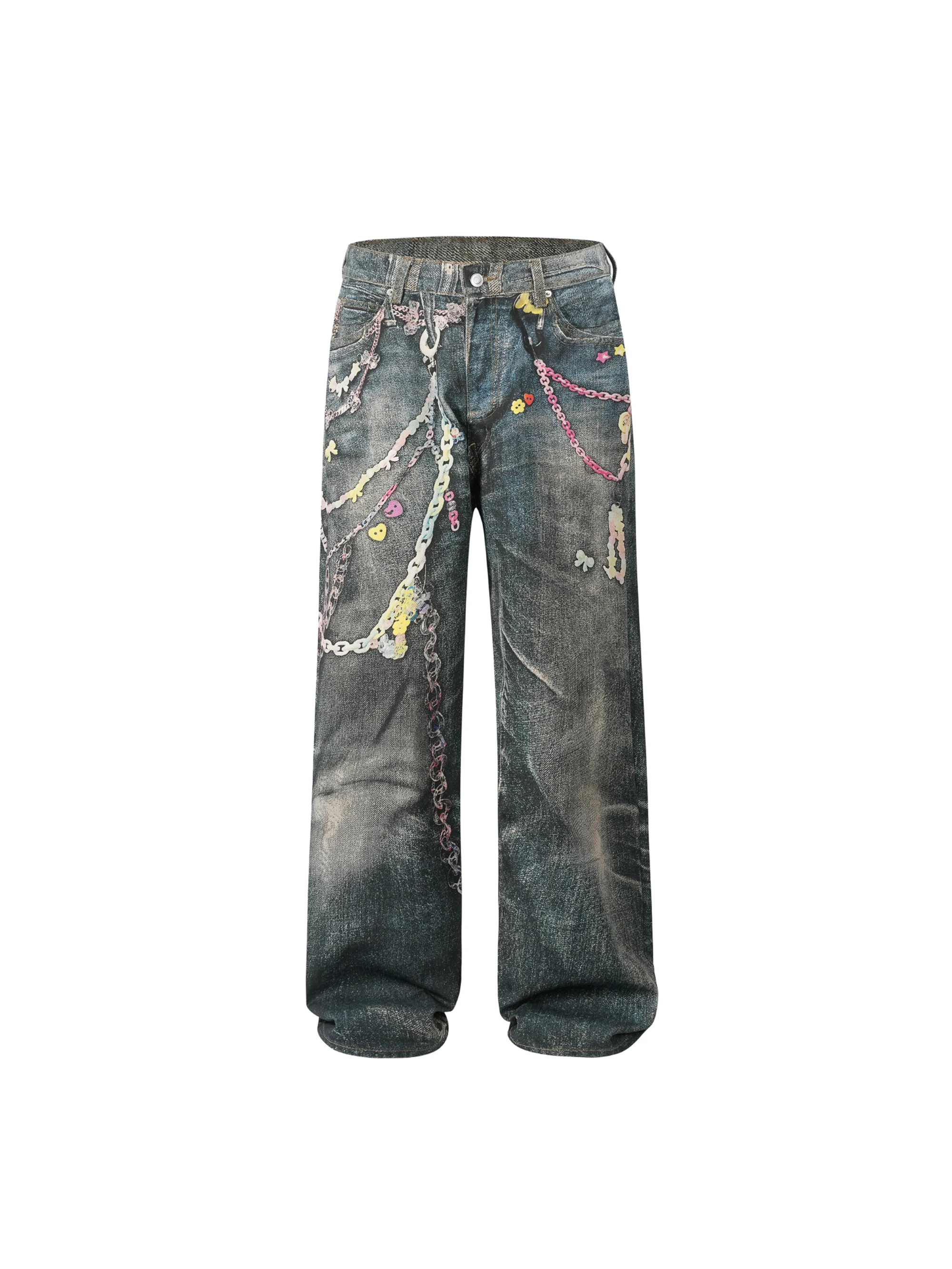 Men's 2025 Four-season Wear New Trendy Chain Printing Fashion Jeans Loose Straight Denim Trousers Personality Zipper Denim Pants