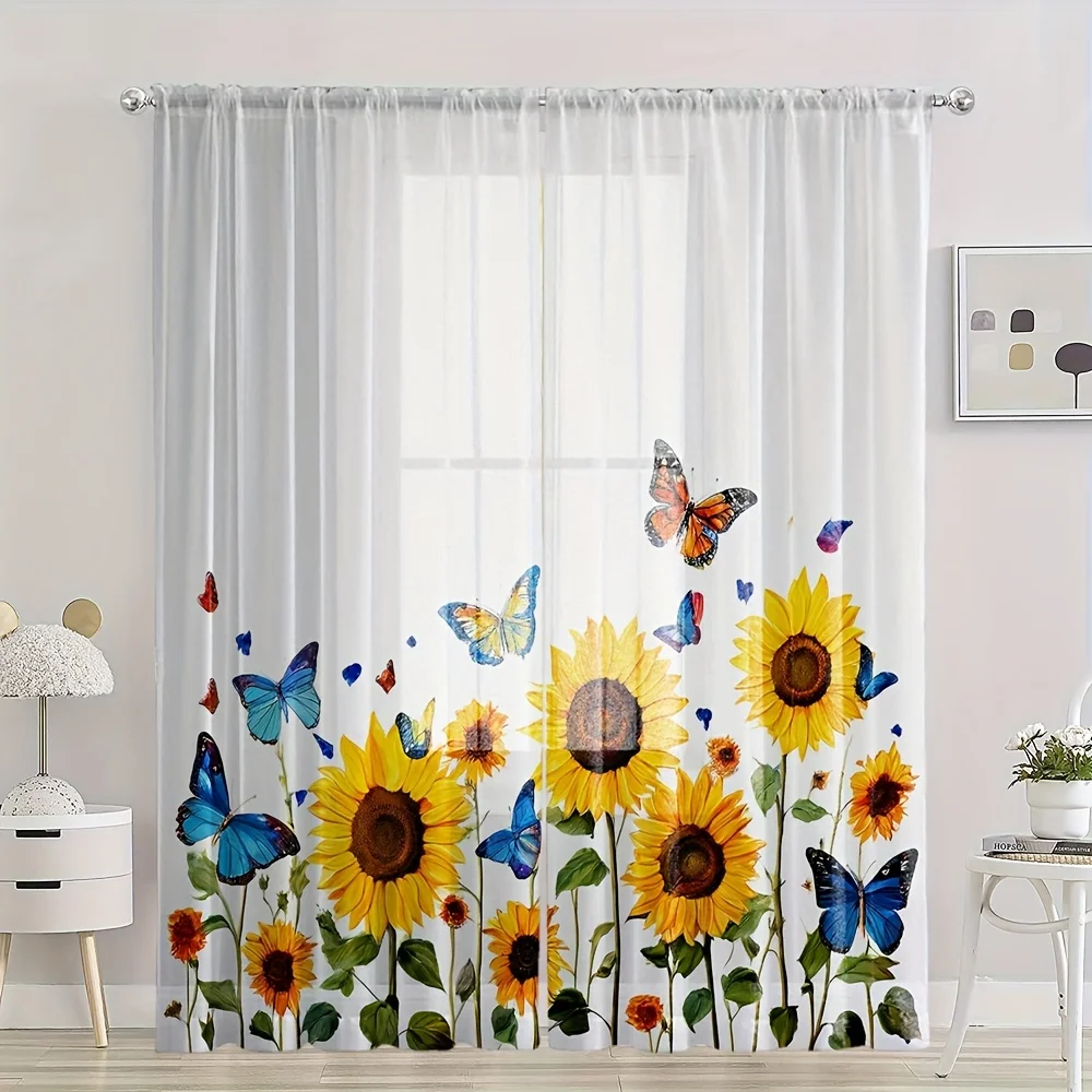 

2pcs Butterfly Sunflower Pattern Sheer Curtain Decorative Window Drape Window Treatments For Bedroom Living Room Home Decor Room