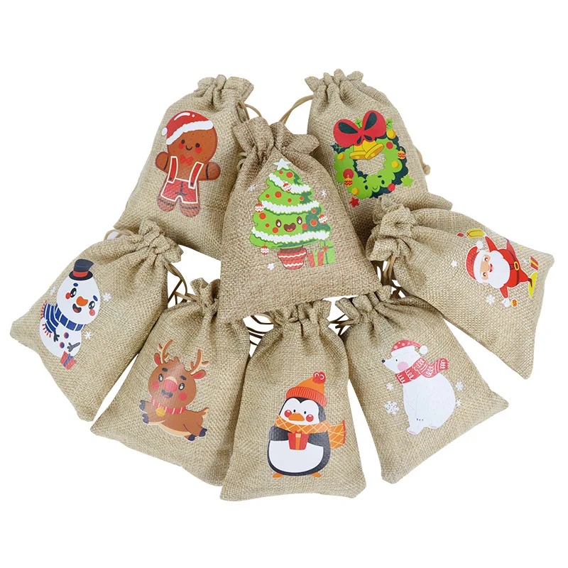 

5pcs Christmas Linen Burlap Bag Cute Santa Claus Elk Bells Drawstring Gifts Bags Xmas Candy Packaging Bag New Year Party Favors