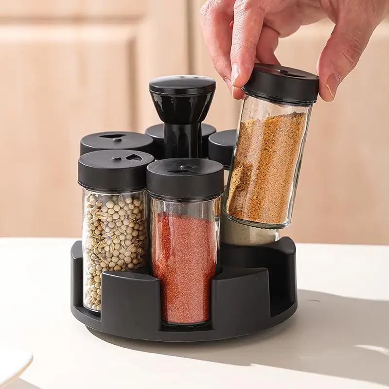 1 Set Spices And Seasonings Kit With Rack 6-Jar Revolving Spice Rack Countertop Seasoning Organizer Spice Pots Storage Containe
