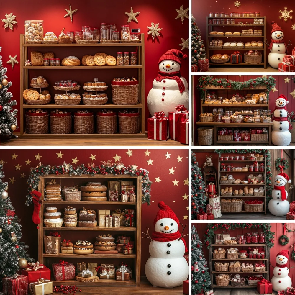 Christmas Bakery Shelf Snowman Photo Backdrop Xmas Bread Pastry Background with Gift Star Decor Holiday Studio Shooting Props