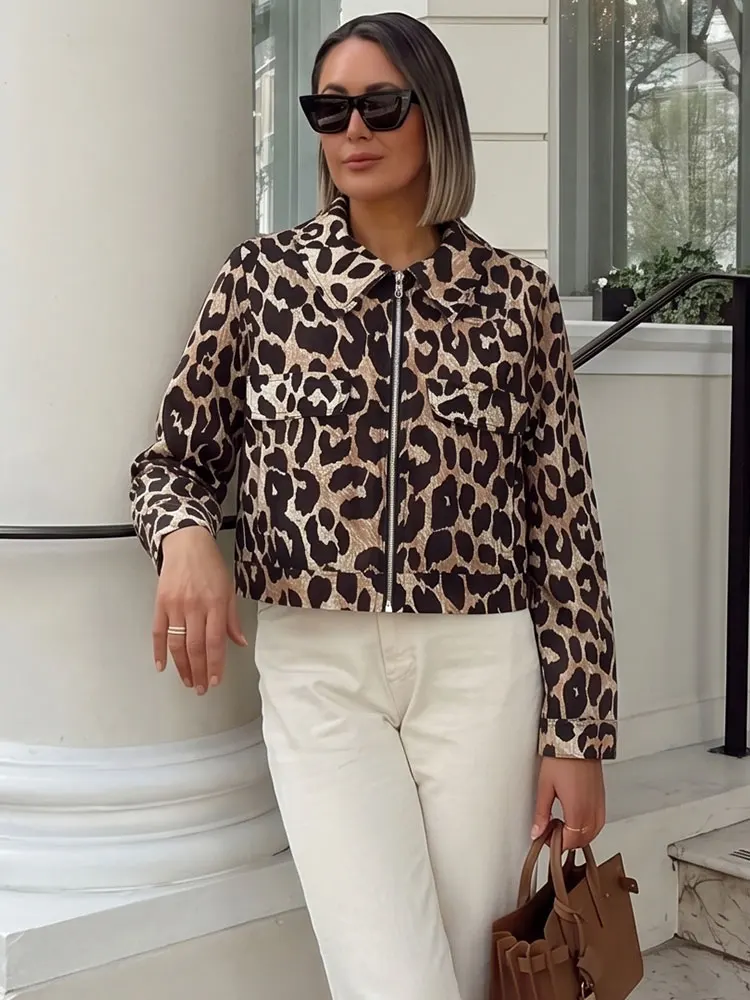 Fanan Women Leopard Print Cropped Top Zipper Long Sleeve Jackets Spring Autumn High Street Fashion Party Casual Vacation Coat