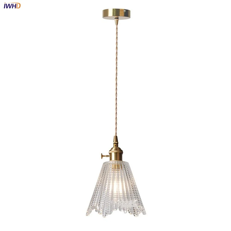 

IWHD Copper Adjustable LED Pendant Light Fixture Clear Glass Restaurant Cafe Dining Room Knob Switch Nordic Modern Hanging Lamp