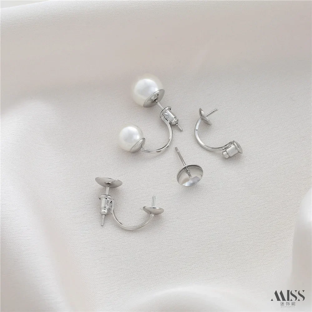 14K Gold-wrapped C-shaped Double Bead Needle Holder Earrings Bullet Earplugs 925 Silver Needle DIY Pearl Ear Jewelry Accessories