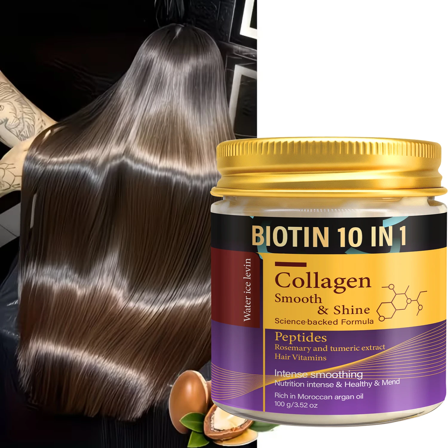Hidratante Capilar 10 en 1 Mezcla de Péptidos de Colágeno, Romero, Cúrcuma y Aceite de Argán. Suaviza, Repara, Aumenta el Brillo. Cabello Saludable y Sedoso.