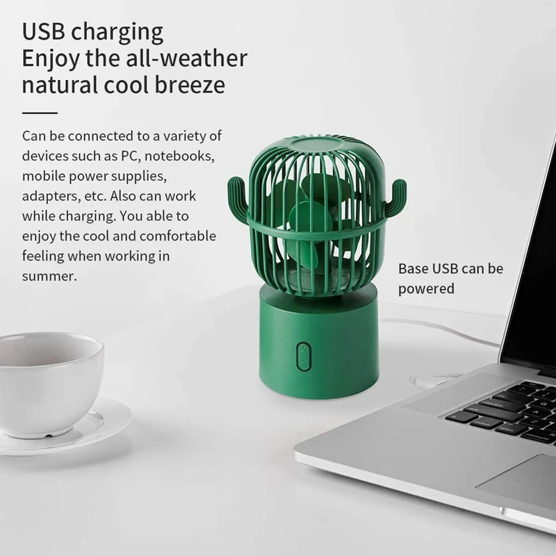 BAAJ-Mini Fan Cute Cactus USB Rechargeable Oscillating Fan Portable 3 Gear Cooling Fan Home Air Cooler For Office Traveling