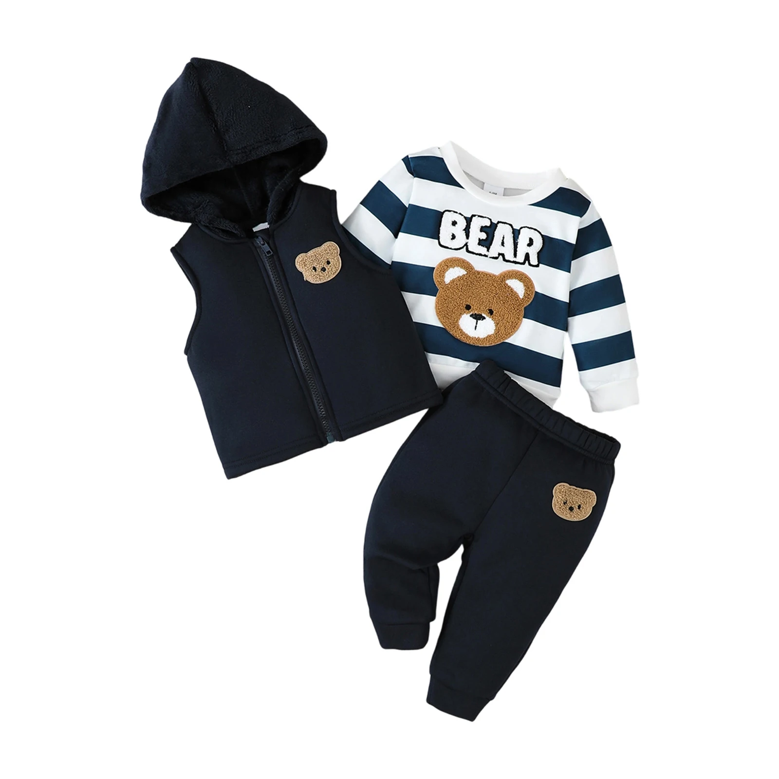 

Зимняя одежда для маленьких мальчиков, 3 шт., толстовка с длинными рукавами и круглым вырезом с вышивкой медведя, брюки для бега и жилет, пальто