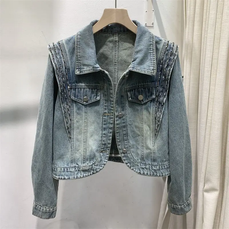 

Solid Patchwork Beaded High Street Denim Coats For Women Lapel Long Sleeve Spliced Button Temperament Jackets Female Fashion