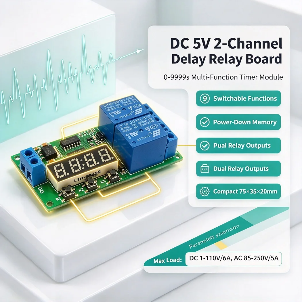 DC5V 2 Channel Multifunction Delay Relay Board 0-9999s 9 Modes Timer Relay Power Down Memory Function