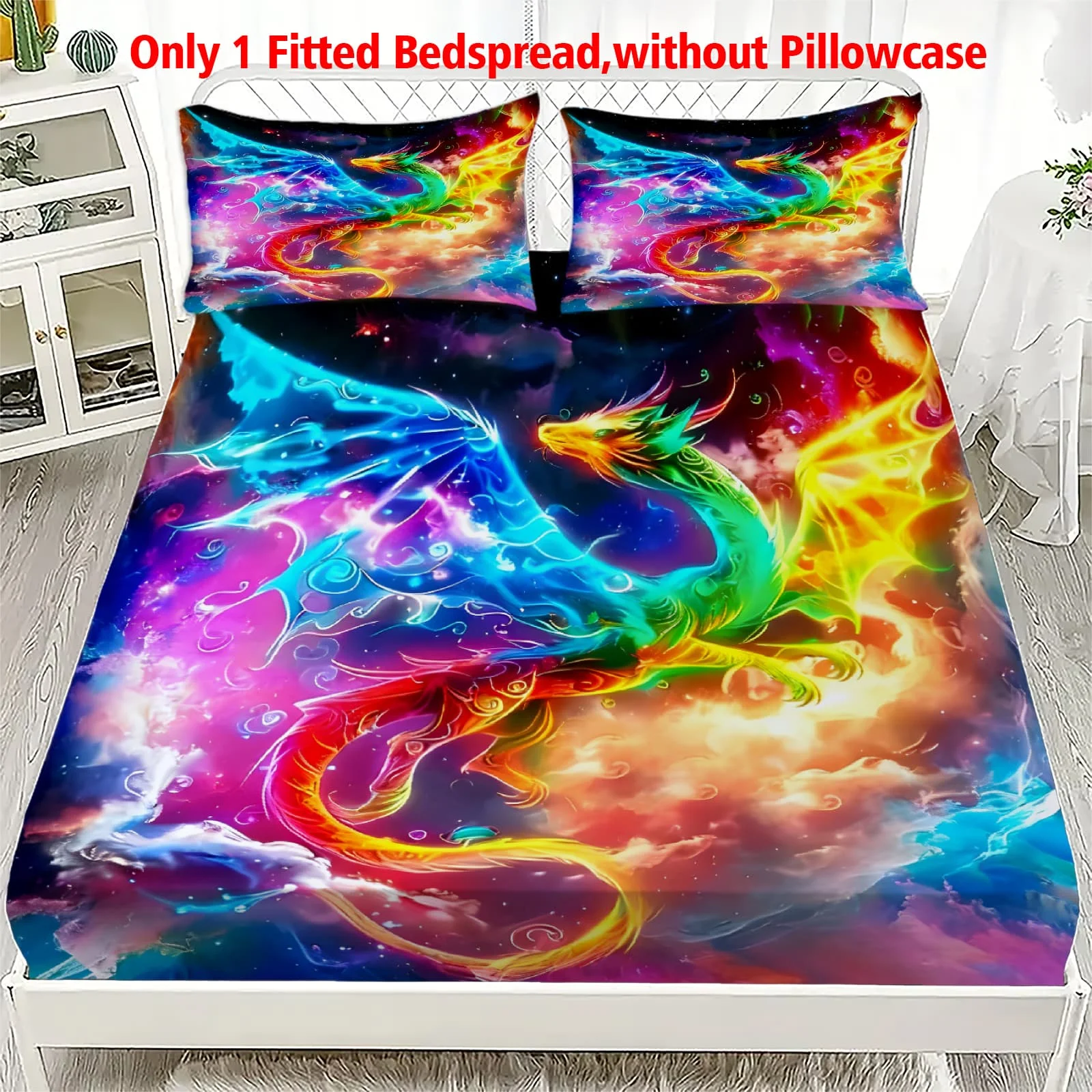 1pc Rainbow Cosmic Dragon Print Fitted Sheet Deep Pocket Elastic Mattress Cover Single Double Queen King Bedroom Decor