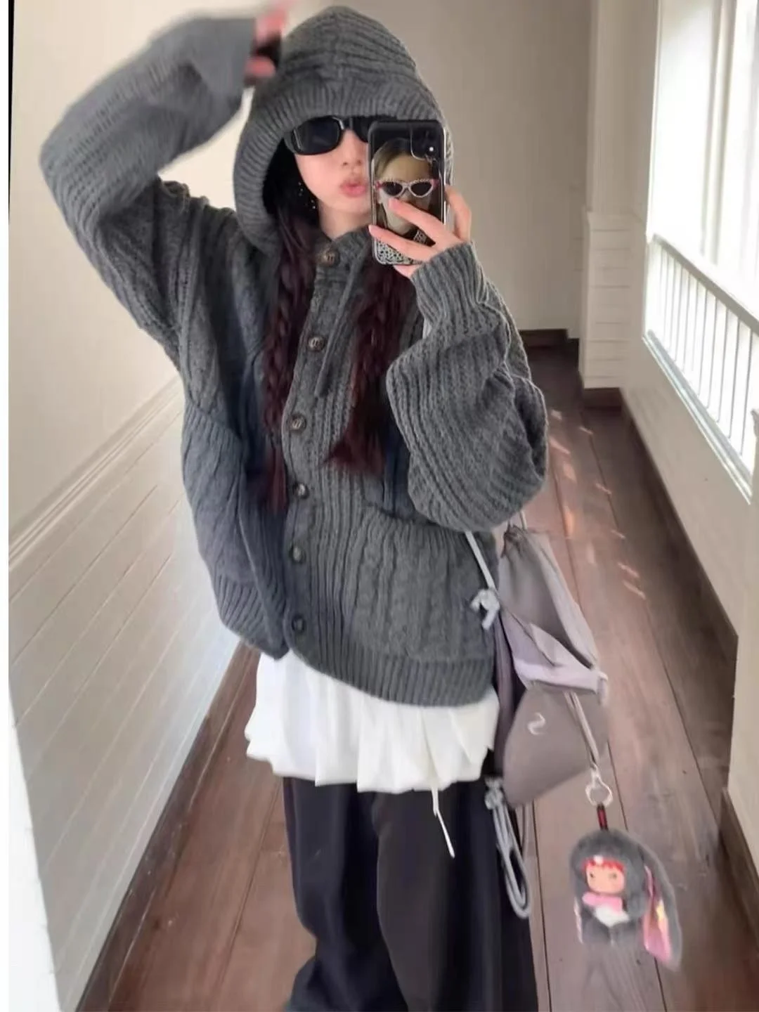 

Американский свободный вязаный свитер-шапка для женщин, осенне-зимняя верхняя одежда, мягкий, с длинными рукавами, на пуговицах, термо, цветной