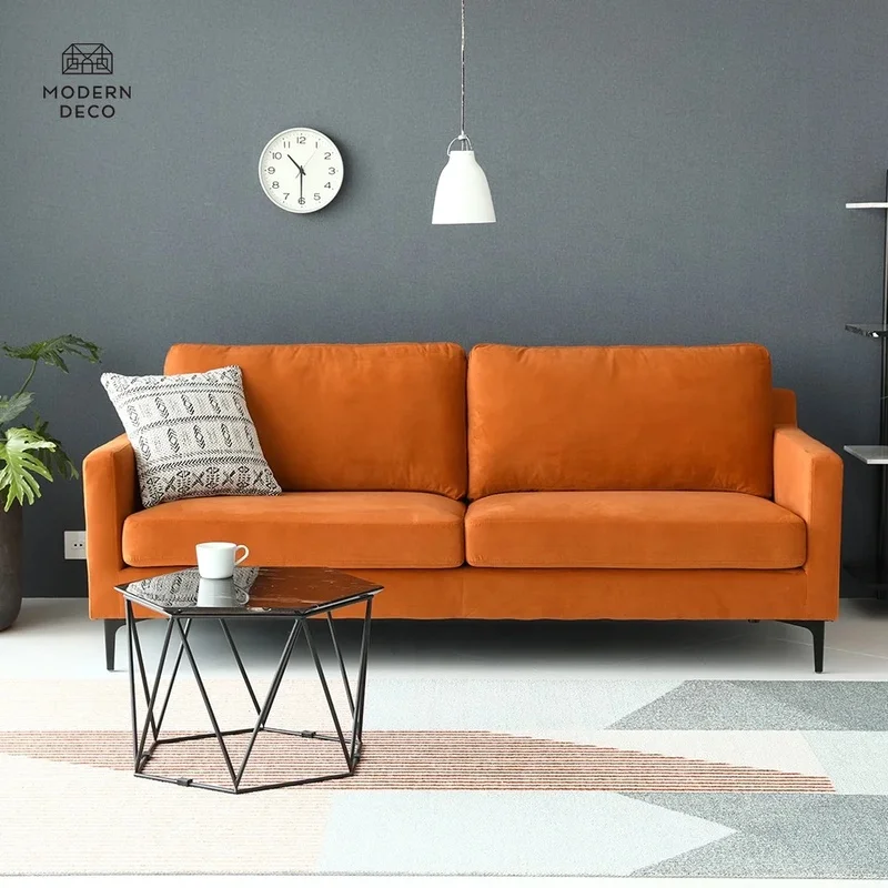 

Modern 3-Seater Brown and Bright Burnt Orange Velvet Sofa Couch Settee