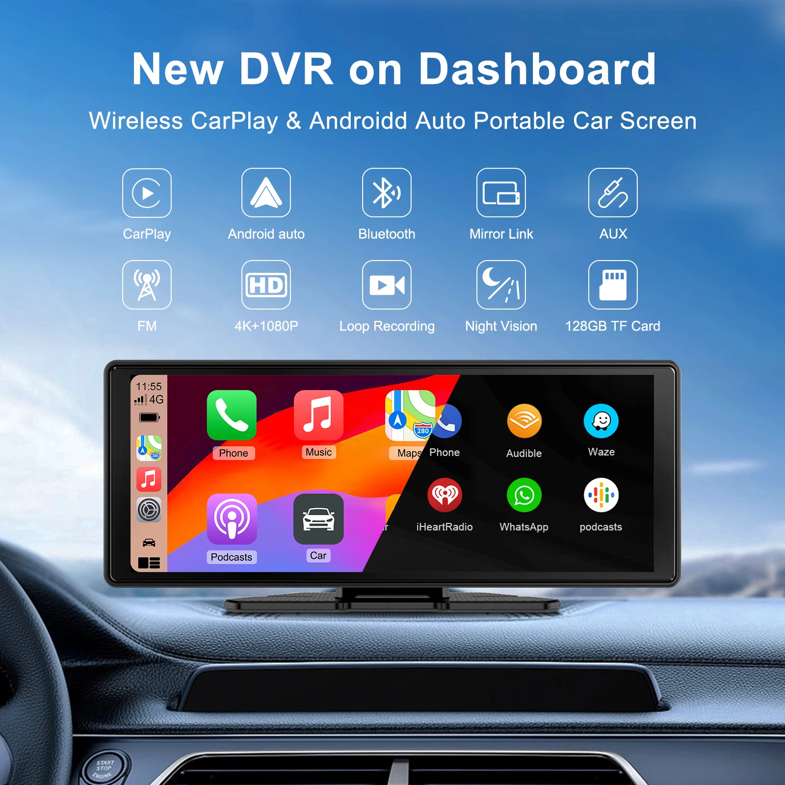 كاميرا داش 10.26 بوصة 4K لاسلكية، تدعم CarPlay Android Auto Portable Screen Dashboard Recorder، التوصيل والتشغيل