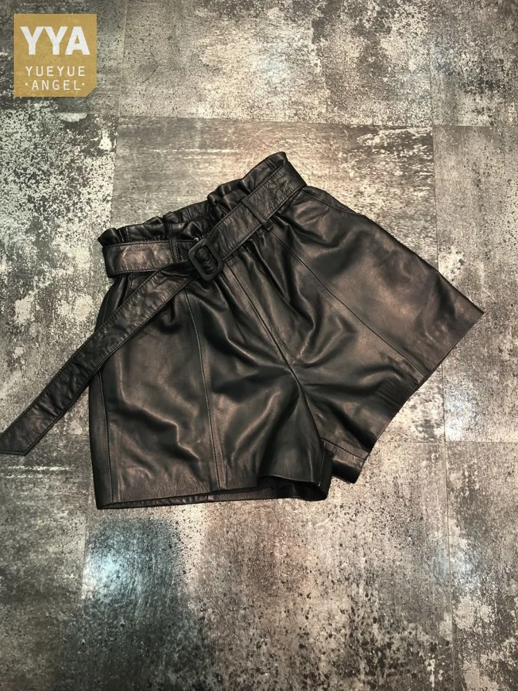 

New Real Sheepskin Fashion Sashes Elastic High Waist Wide Legged Shorts Women Summer A-Line Loose Fit Genuine Leather Hotpants