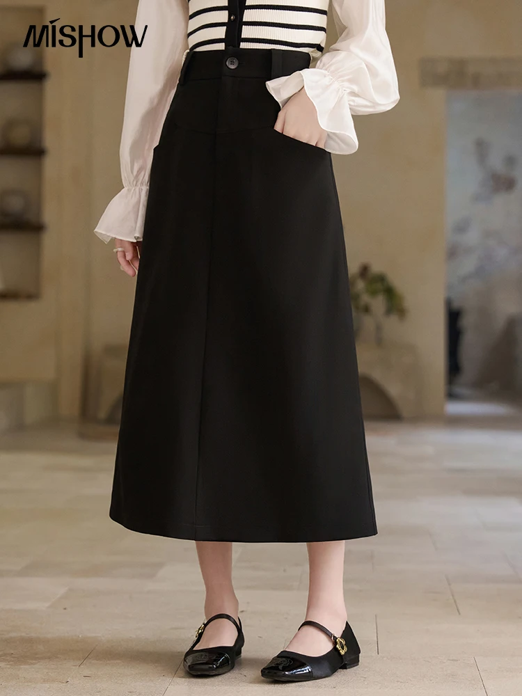 

MISHOW Black Long Slit Skirts for Women 2024 Spring New High Waist Office Lady Suit Skirt Solid Loose Woman Clothes MXD13B0265