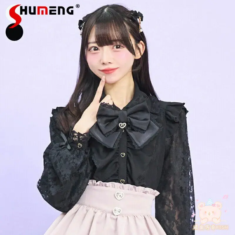 

Japanese Mines Style Mass-produced Lace Long-sleeved Bow Heart Single-breasted Sweet Versatile Lolita Shirt Top for Women Summer