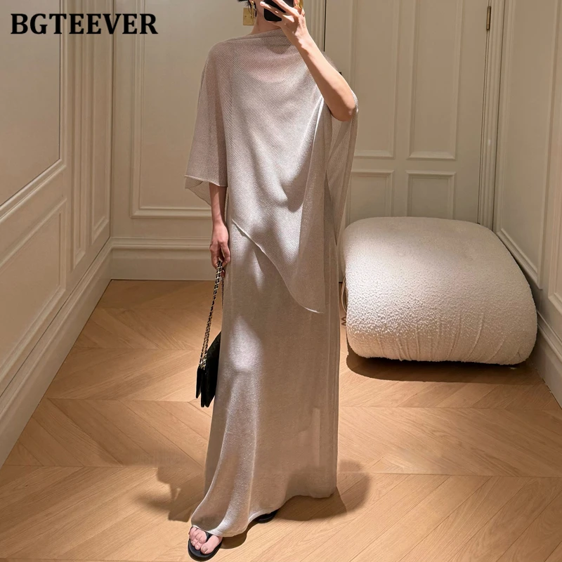 

BGTEEVER Elegant Loose Women Solid Knitted Outfits Stylish Female Sweaters Shawls & Sleeveless A-line Dress Ladies 2 Pieces Set