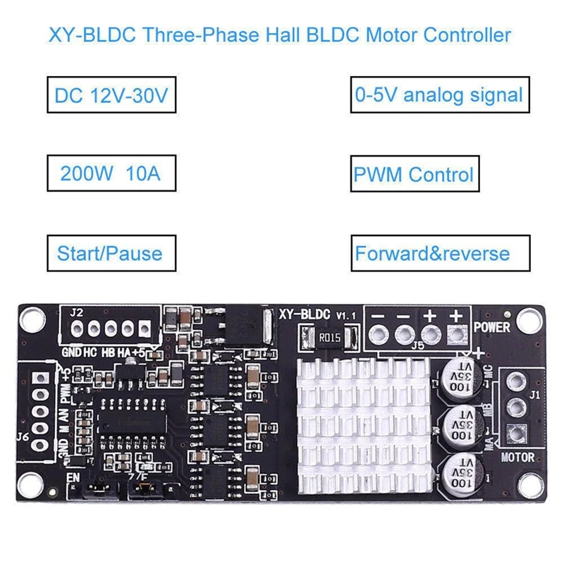 DC 12V-30V 200W Three-Phase BLDC Motor Controller Hall Sensor 10Khz PWM Driver Forward Reverse