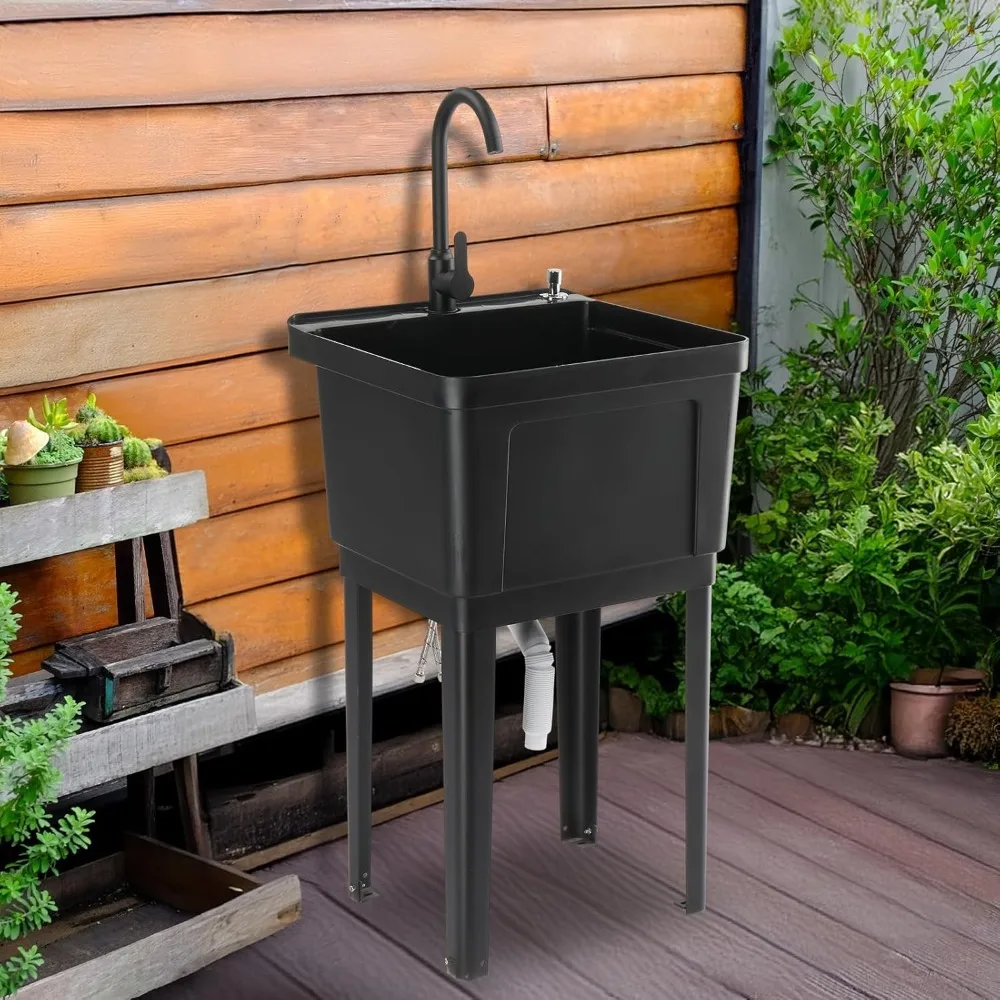 Freestanding Plastic Laundry Sink with Faucet, Soap Dispenser for Garage Utility
