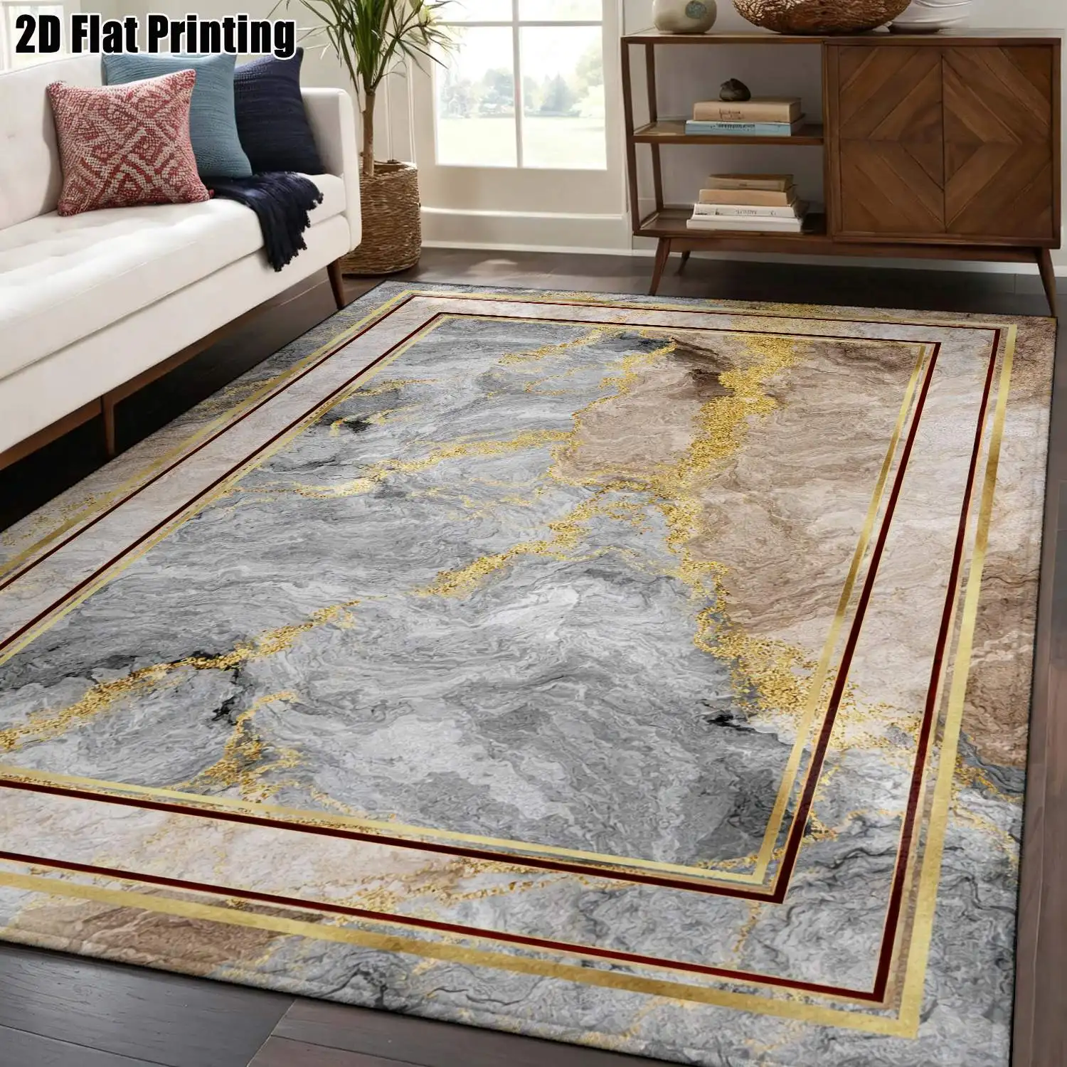 1Pc 2D Printed Carpet: Gold-Grey Marble Texture, European/Modern Minimalist/Vintage/Geometric Abstract Styles, Home Decor, Multi-Size, Machine Washable, Suitable for Entrance, Dining Room, Foyer, Bedroom, Living Room