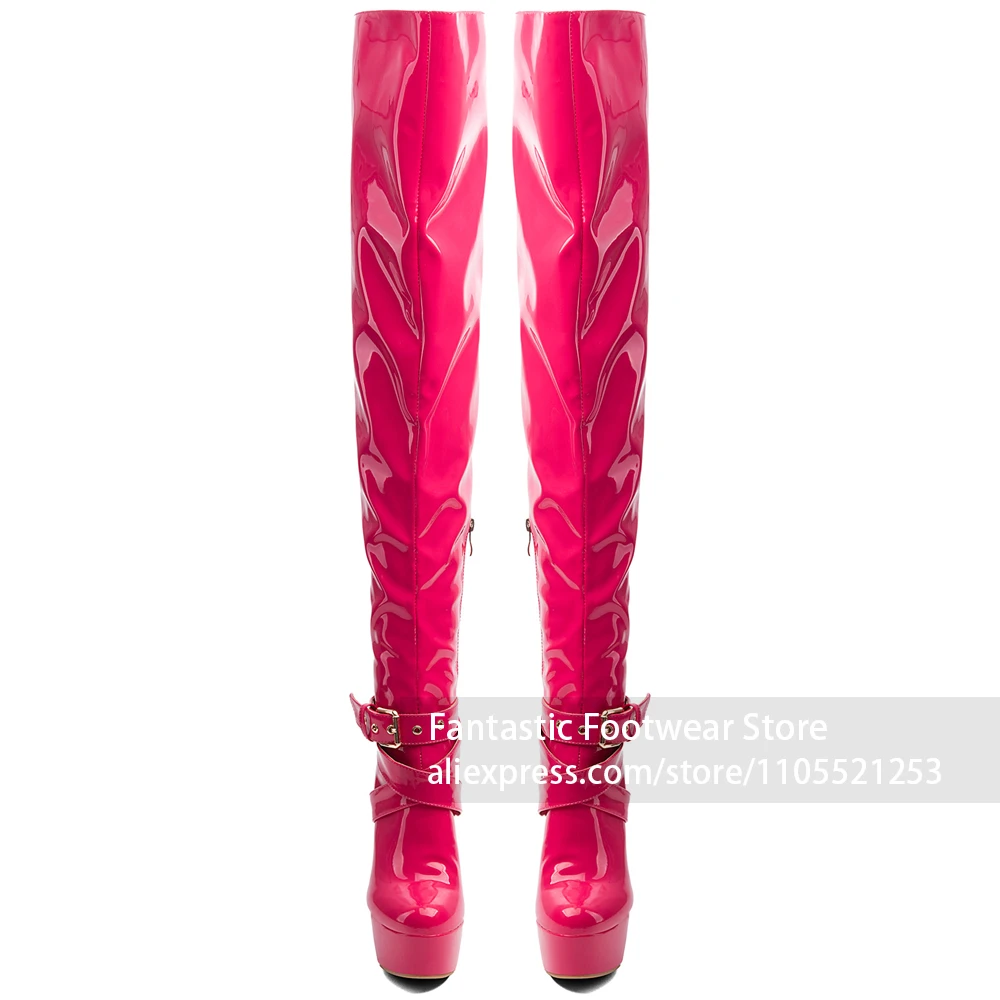 Extra Thick Platform Sole The Knee Boots Multi-Layer Ankle Buckle Strap Design Patent Leather Thigh High Boots Sexy Party Outfit